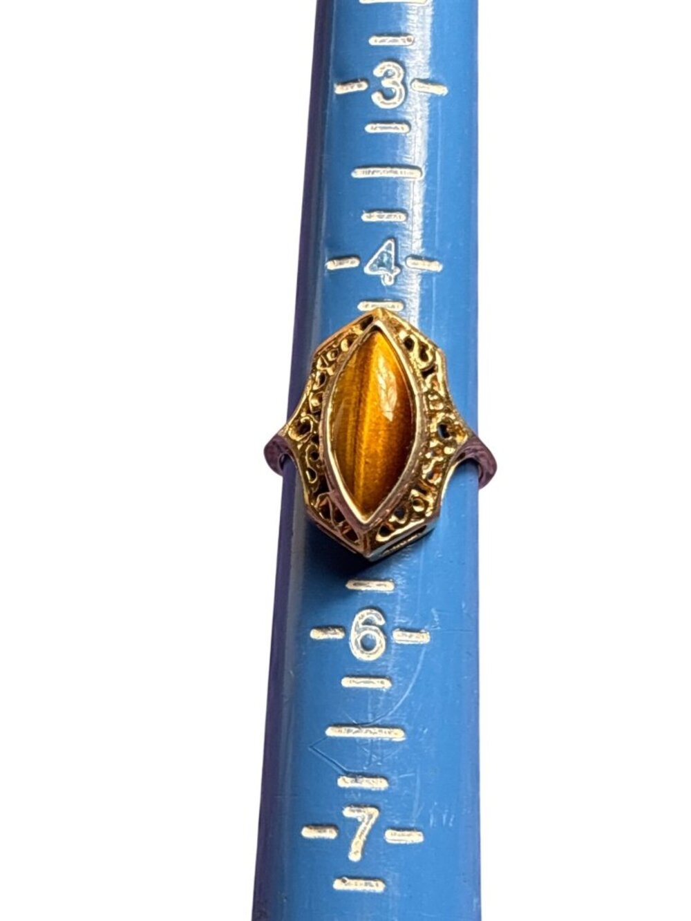 Vintage Goldtone Filigree Tiger's Eye Ring Size 5 A Lot of Wear on Back of Band